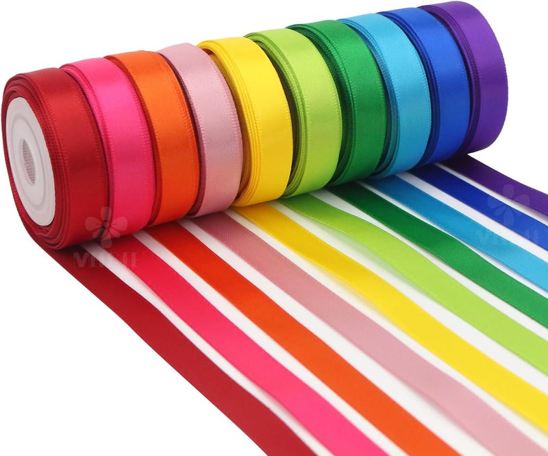 Meedee Rainbow Ribbon Solid Color Assortment 10 Colors Double Face Satin Ribbon for Gift Wrapping Happy Birthday Party Decorations, 3/8" X 5 Yard Each Total 50 Yds Per Package - Image 1