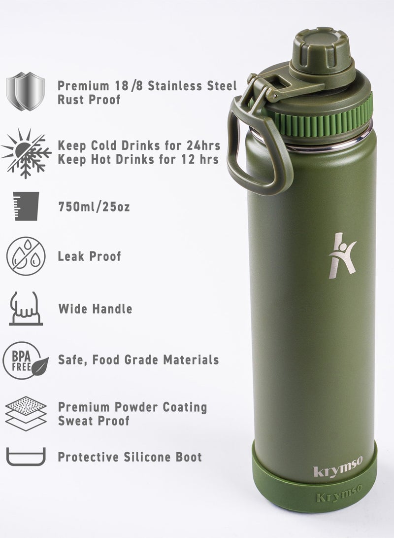 KRYMSO 750ml Stainless Steel Water Bottle, Double Wall Insulated Water Bottle, Leak Proof, BPA Free, Silicone Boot, Thermos Bottle, Cold Hot Bottle for Kids, School, Gym - Image 2