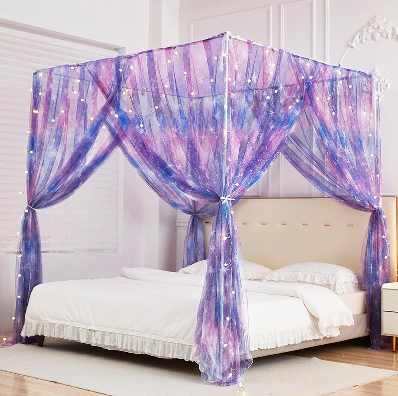 Tie Dye Canopy Bed Curtains, Gradient Ombre Bed Canopy for Girls, Purple-ombre, 57"Wx78.5"Lx78"H, Whimsical/Fantasy - Image 1
