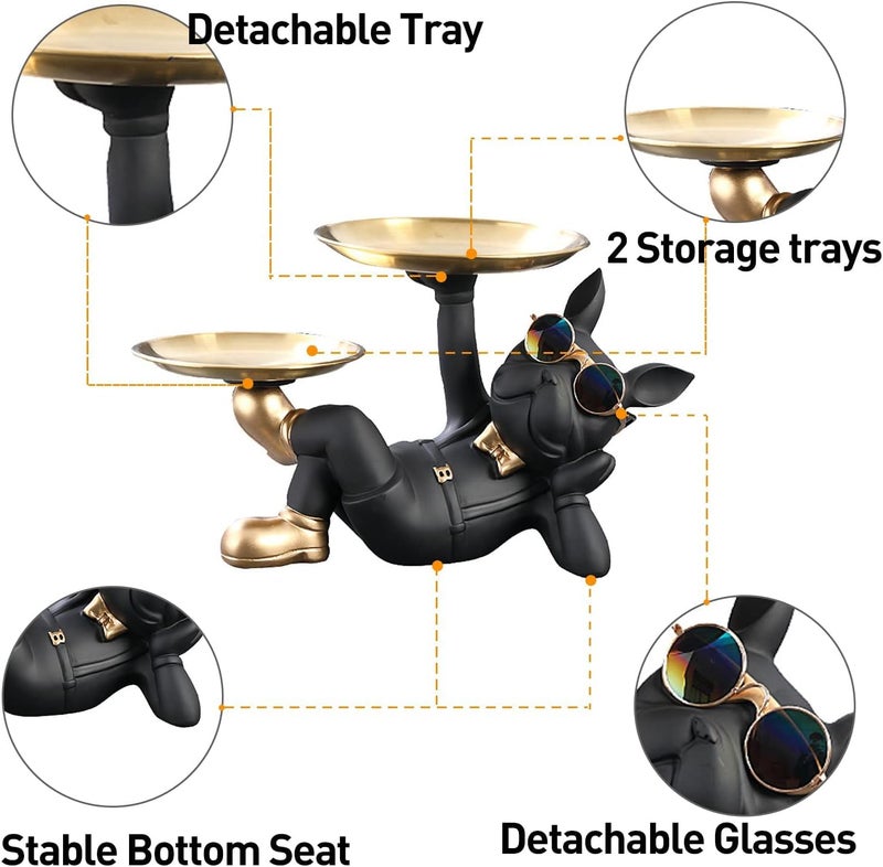 Gvnd Resin Bulldog Storage Tray Key Candy Jewelry Earrings Tray, 2 Metal Trays Animal Sculpture Table Decoration French Bulldog Figurine Sculptures for Home Decor Living Room Office Fun Ornament - Image 3