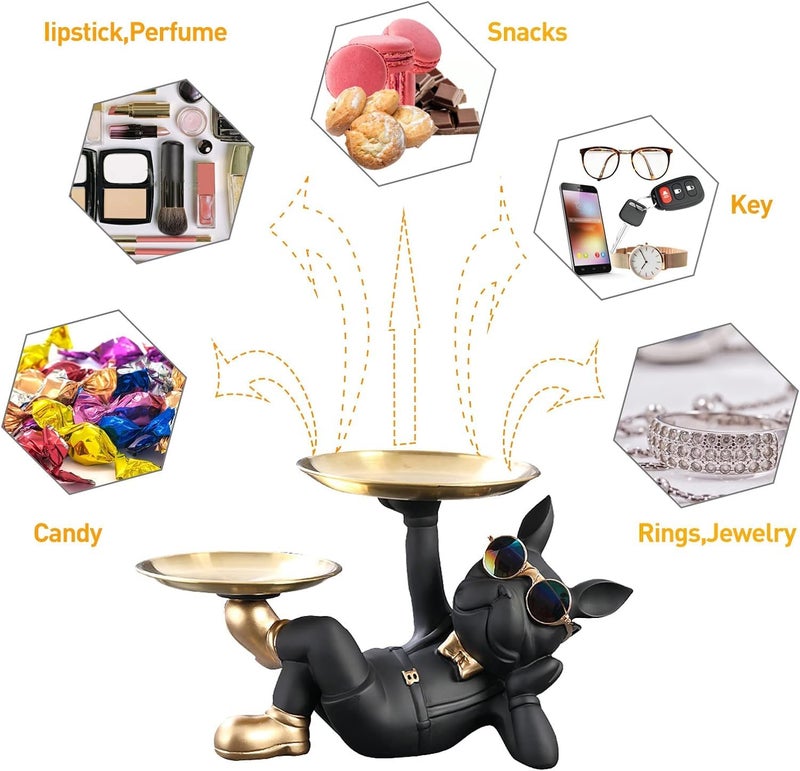 Gvnd Resin Bulldog Storage Tray Key Candy Jewelry Earrings Tray, 2 Metal Trays Animal Sculpture Table Decoration French Bulldog Figurine Sculptures for Home Decor Living Room Office Fun Ornament - Image 4