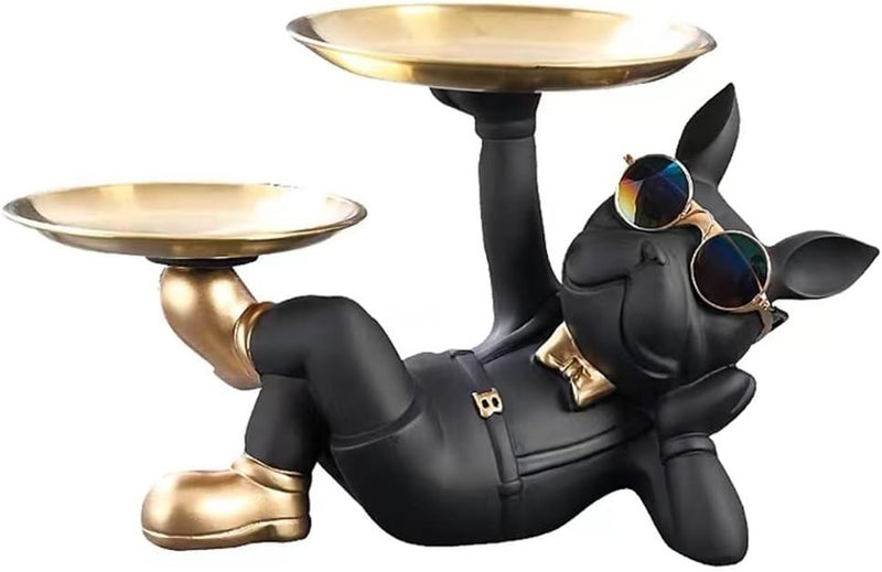 Gvnd Resin Bulldog Storage Tray Key Candy Jewelry Earrings Tray, 2 Metal Trays Animal Sculpture Table Decoration French Bulldog Figurine Sculptures for Home Decor Living Room Office Fun Ornament - Image 2