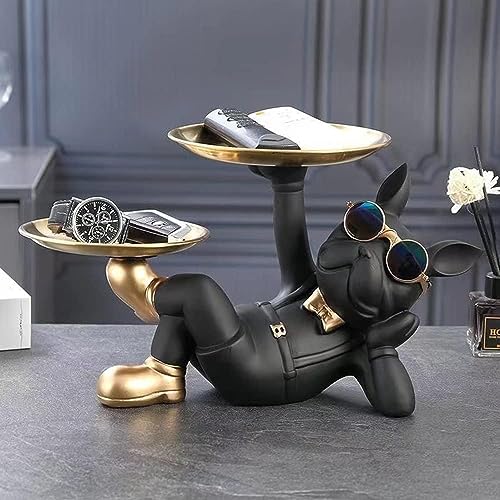 Gvnd Resin Bulldog Storage Tray Key Candy Jewelry Earrings Tray, 2 Metal Trays Animal Sculpture Table Decoration French Bulldog Figurine Sculptures for Home Decor Living Room Office Fun Ornament - Image 5