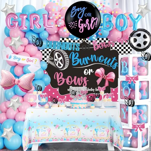 Fiesec Burnouts or Bows Gender Reveal Decorations Baby Boy or Girl Gender Reveal Party Decorations What Will the Baby Be Backdrop Balloon Banner Tablecloth Cake Cupcake Topper Box Sash Pink Blue - Image 1