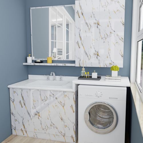 Yun-aeon Thick Marble Contact Paper for Countertops 15.7"x 78.7" - White and Gold Glossy Peel and Stick Wallpaper Self-Adhesive Removable Countertops for Kitchen Bathroom Cabinets - Image 5