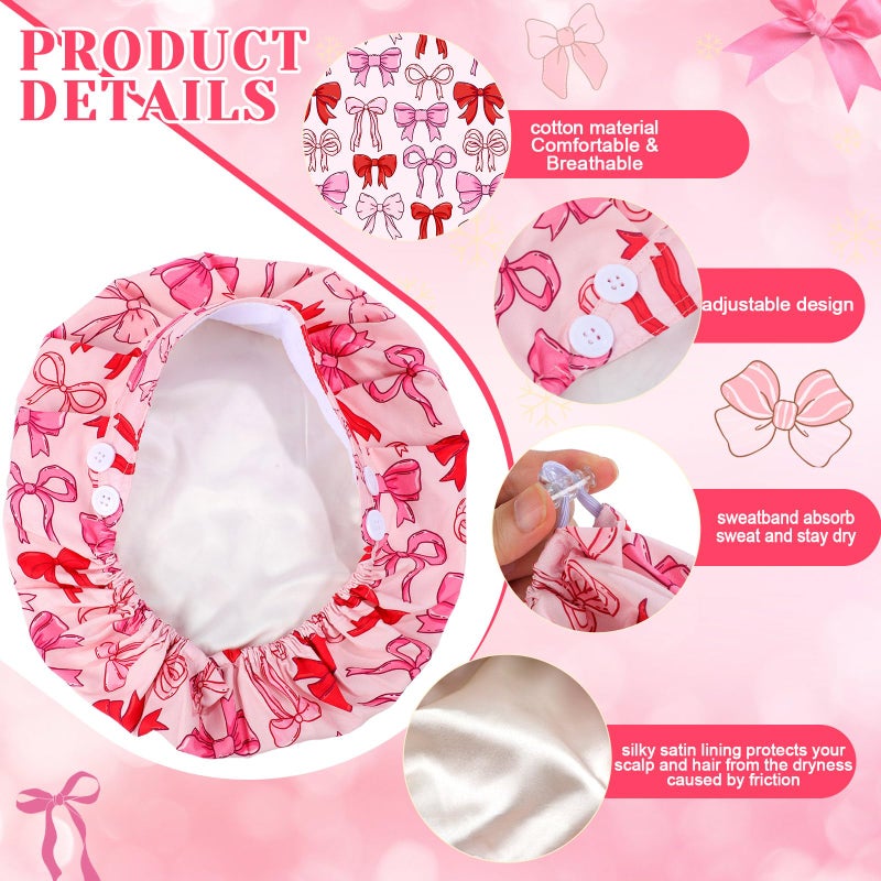 Jadive 6 Pcs Satin Lined Working Hat Coquette Bow Scrub Caps Adjustable Pink Tie Back Cover Hair Bouffant Hats with Button Sweatband for Doctor Nurse (Novelty Style) - Image 2