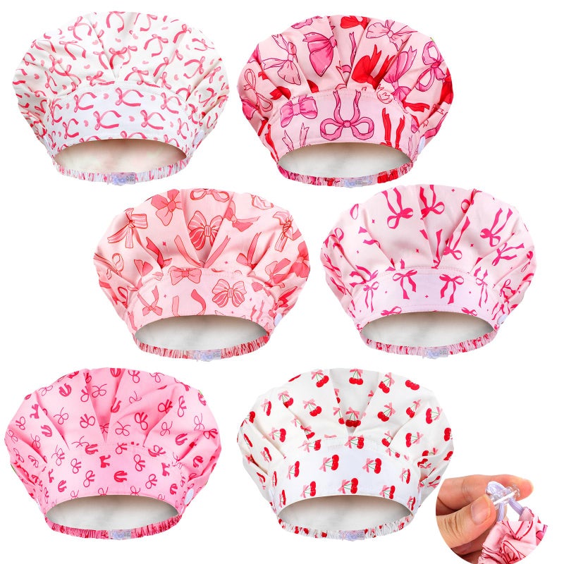 Jadive 6 Pcs Satin Lined Working Hat Coquette Bow Scrub Caps Adjustable Pink Tie Back Cover Hair Bouffant Hats with Button Sweatband for Doctor Nurse (Novelty Style) - Image 1