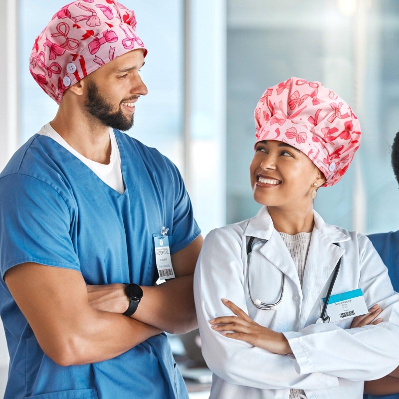 Jadive 6 Pcs Satin Lined Working Hat Coquette Bow Scrub Caps Adjustable Pink Tie Back Cover Hair Bouffant Hats with Button Sweatband for Doctor Nurse (Novelty Style) - Image 5