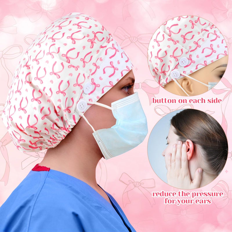 Jadive 6 Pcs Satin Lined Working Hat Coquette Bow Scrub Caps Adjustable Pink Tie Back Cover Hair Bouffant Hats with Button Sweatband for Doctor Nurse (Novelty Style) - Image 3