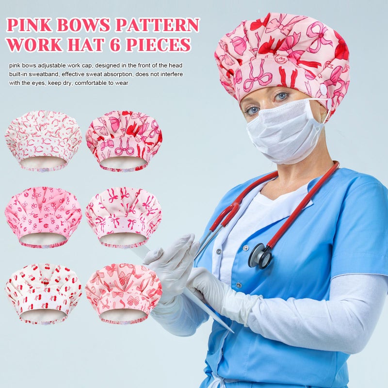 Jadive 6 Pcs Satin Lined Working Hat Coquette Bow Scrub Caps Adjustable Pink Tie Back Cover Hair Bouffant Hats with Button Sweatband for Doctor Nurse (Novelty Style) - Image 4