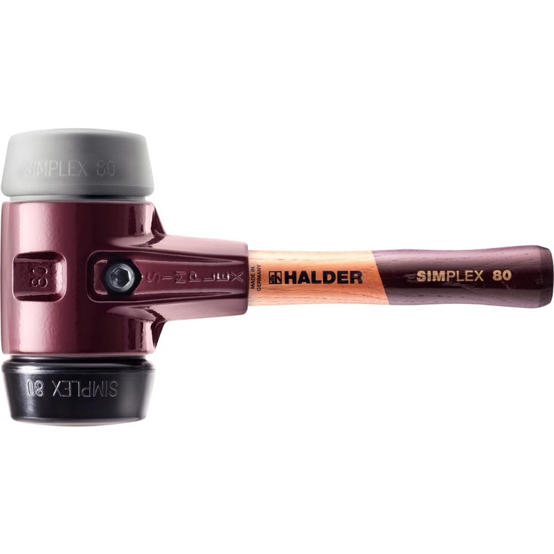 Halder Simplex SoftFaced Mallet 3023082 TPEMid Insert MediumHard Rubber Insert Cast Iron Housing with Handle Protection Sleeve Extra Short Hickory Handle 80mm 6 lbs