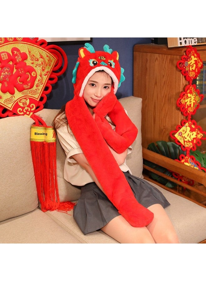 Cute Year Of The Dragon Mascot Warm Hand Plush Toy Zodiac Doll Open Door Activity Gift Scarf Red Envelope-Specifications:Scarf Cap 100-35cm 0.23kg  - Image 4