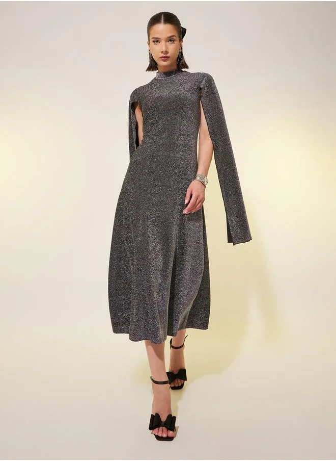 Styli Metallic Design High Neck Sheath Midi Dress