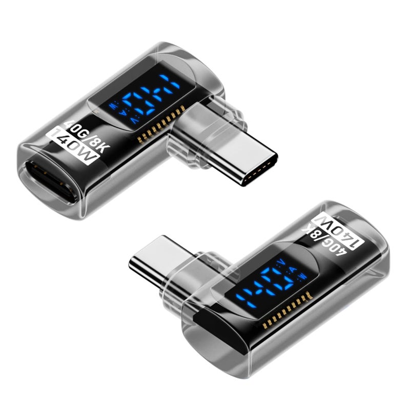 Jadebones 2 Pack 90 Degree USB C Adapter with Digital Display, 140W Right Angle USB-C Male to Female Connector for iPhone 16/15 Series, MacBook, Support Voltage, Current and Power Smart LED Display - Image 1