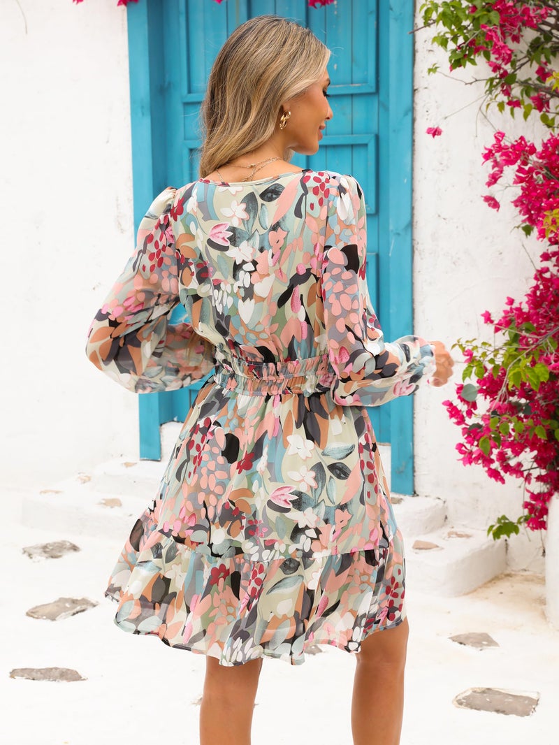 Simplee Womens Fall Floral Mini Dress Boho Empire Waist Swing Flowy Formal Dress Vacation Clothes Spring Summer Dressï¼ˆGreen Floral Sï¼‰ - Image 5