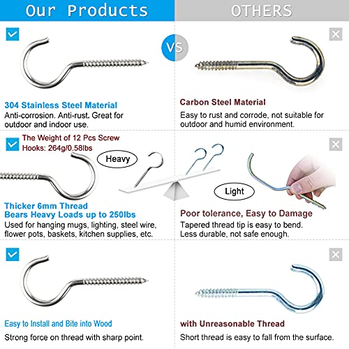 Dogagroom 3.5 Inch 304 Stainless Steel Screw Hooks - 12 Pcs Heavy Duty Ceiling, Wall, Cup Hooks for Plants, Kitchen, Mugs - Image 3