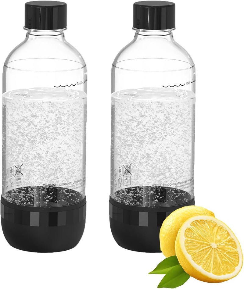 PinPure زجاجات صودا، زجاجات صودا قابلة لإعادة الاستخدام خالية من BPA (عبوة 2)، زجاجات مياه مكربنة سعة 1 لتر مقاومة للتسرب مع غطاء آمن، متوافقة مع معظم صانعي الصودا باللون الأسود - Image 1