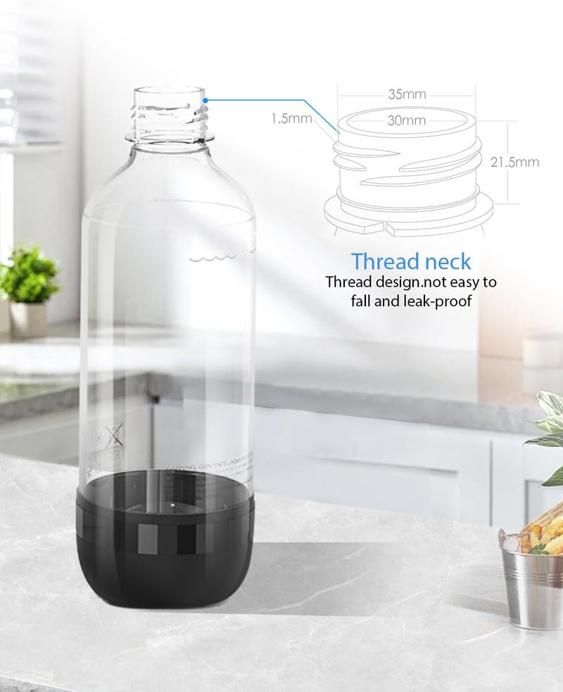 PinPure زجاجات صودا، زجاجات صودا قابلة لإعادة الاستخدام خالية من BPA (عبوة 2)، زجاجات مياه مكربنة سعة 1 لتر مقاومة للتسرب مع غطاء آمن، متوافقة مع معظم صانعي الصودا باللون الأسود - Image 3