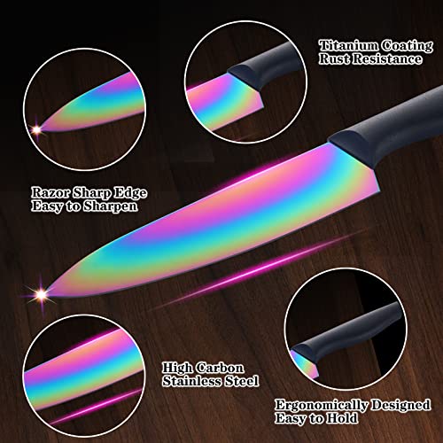 Marco Almond Kitchen Knife Set, KYA36 12-Piece Rainbow Color Stainless Steel Chef Boxed Knives Set for Kitchen with Covers, 6 Knives with 6 Blade Guards, Black - Image 3