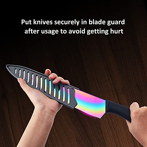 Marco Almond Kitchen Knife Set, KYA36 12-Piece Rainbow Color Stainless Steel Chef Boxed Knives Set for Kitchen with Covers, 6 Knives with 6 Blade Guards, Black - Image 4