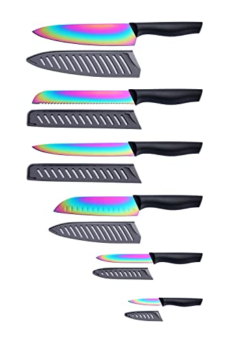 Marco Almond Kitchen Knife Set, KYA36 12-Piece Rainbow Color Stainless Steel Chef Boxed Knives Set for Kitchen with Covers, 6 Knives with 6 Blade Guards, Black - Image 1