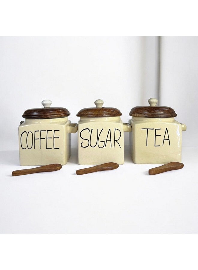 BACKKSPACE RETAIL Ceramic Air Tight Jars Wooden Lid with Spoon for Kitchen Storage for Tea Coffee Sugar Salt Barni (Pack Of 3, Capacity: 450 ML each) - Image 1