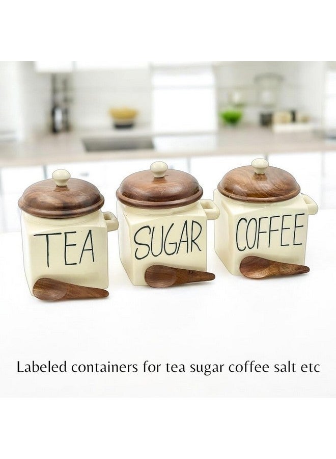 BACKKSPACE RETAIL Ceramic Air Tight Jars Wooden Lid with Spoon for Kitchen Storage for Tea Coffee Sugar Salt Barni (Pack Of 3, Capacity: 450 ML each) - Image 5