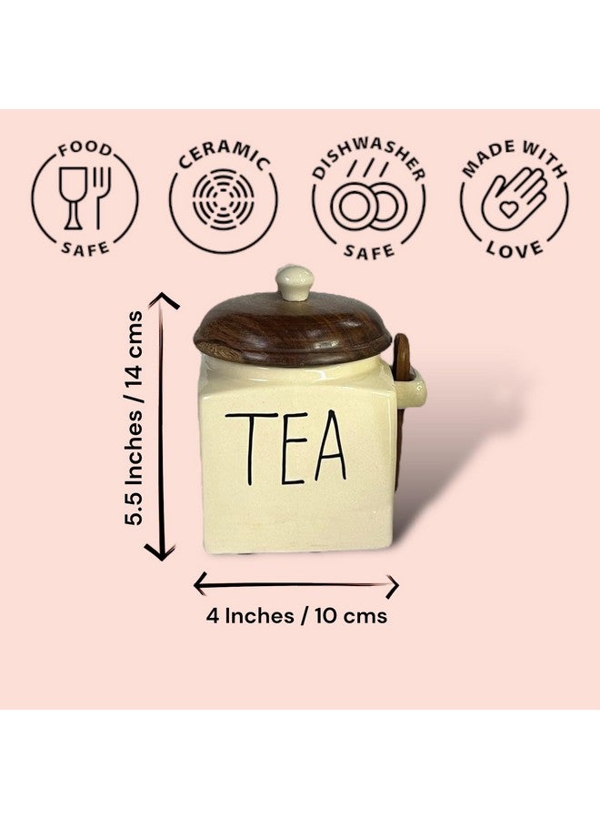 BACKKSPACE RETAIL Ceramic Air Tight Jars Wooden Lid with Spoon for Kitchen Storage for Tea Coffee Sugar Salt Barni (Pack Of 3, Capacity: 450 ML each) - Image 3