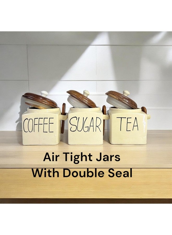BACKKSPACE RETAIL Ceramic Air Tight Jars Wooden Lid with Spoon for Kitchen Storage for Tea Coffee Sugar Salt Barni (Pack Of 3, Capacity: 450 ML each) - Image 4