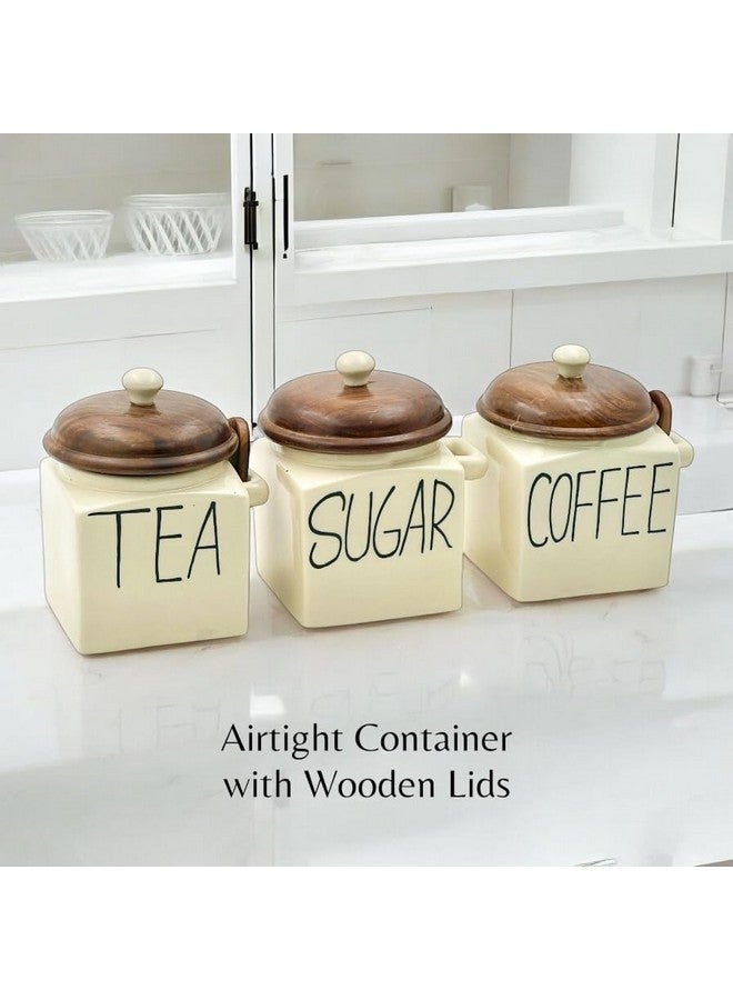 BACKKSPACE RETAIL Ceramic Air Tight Jars Wooden Lid with Spoon for Kitchen Storage for Tea Coffee Sugar Salt Barni (Pack Of 3, Capacity: 450 ML each) - Image 2