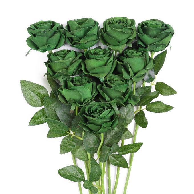 10PCS ARTIFICIAL ROSES FLOWERS REALISTIC BLOSSOM ROSES REAL TOUCH SILK ROSE SINGLE FAKE FLOWER LONG STEM BOUQUETS FOR HOME WEDDING PARTY DECORATION 10PCS GREEN