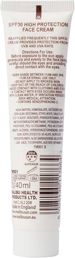 Malibu Sun SPF 30 Face Cream High Protection Vitamin Enriched Water Resistant 40ml Pack of 2 - Image 2