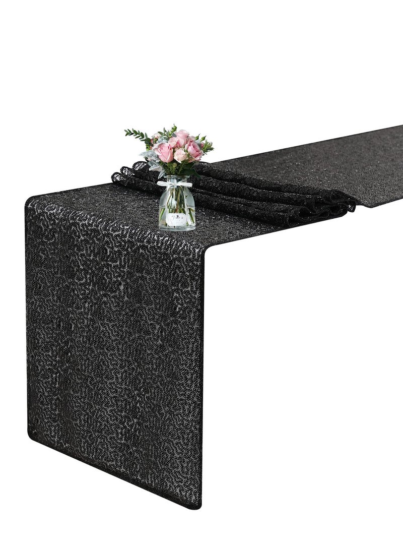 SYOSI عداء طاولة لامع، 3 عبوات عداء طاولة ساتان، 12" × 72" طاولة قماش لامع، أغطية طاولات مستطيلة متلألئة، لحفلات عيد الميلاد، الزفاف، الولائم، زينة حفلات العطلات، استحمام الأطفال (أسود) - Image 1