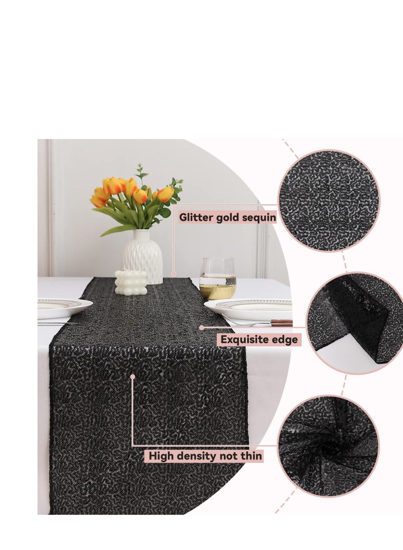 SYOSI عداء طاولة لامع، 3 عبوات عداء طاولة ساتان، 12" × 72" طاولة قماش لامع، أغطية طاولات مستطيلة متلألئة، لحفلات عيد الميلاد، الزفاف، الولائم، زينة حفلات العطلات، استحمام الأطفال (أسود) - Image 3