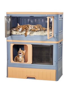 Foldable cat litter box, Double layer cat toilet with wheels, Combination cat house and litter box, Enclosed with drawer litter box Set design and detachable(Blue and pink) 82 cm High