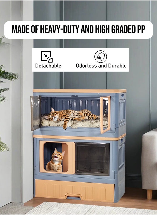 MAJIBAO - Foldable cat litter box, Double layer cat toilet with wheels, Combination cat house and litter box, Enclosed with drawer litter box Set design and detachable(Blue and pink) 82 cm High - Image 1