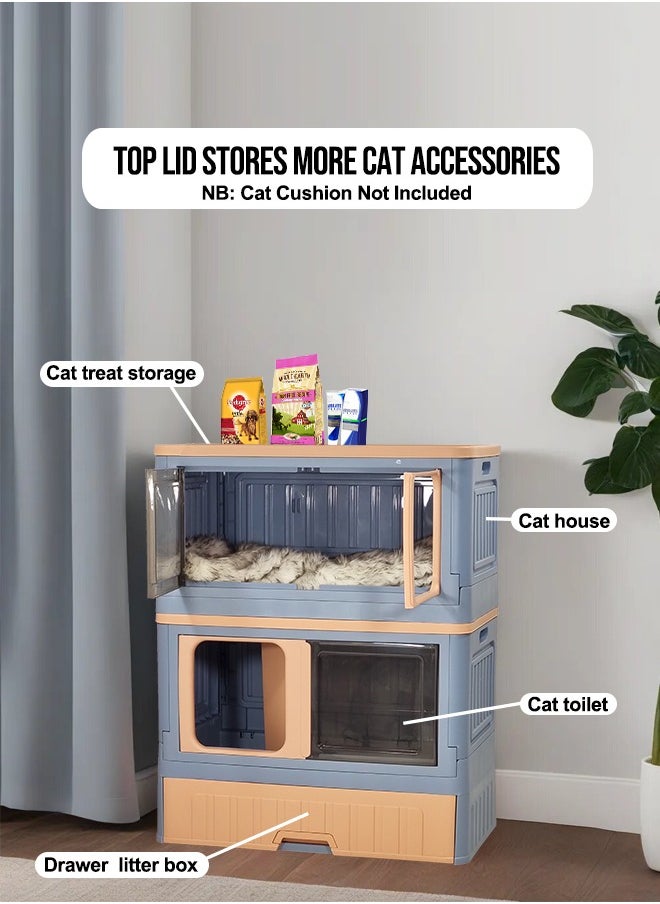 MAJIBAO - Foldable cat litter box, Double layer cat toilet with wheels, Combination cat house and litter box, Enclosed with drawer litter box Set design and detachable(Blue and pink) 82 cm High - Image 1