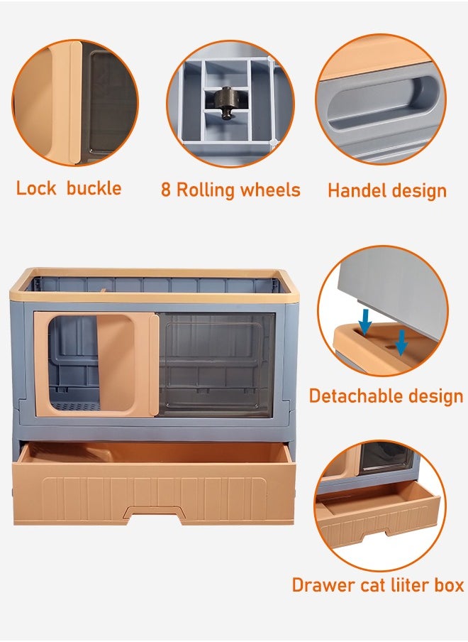 MAJIBAO - Foldable cat litter box, Double layer cat toilet with wheels, Combination cat house and litter box, Enclosed with drawer litter box Set design and detachable(Blue and pink) 82 cm High - Image 1
