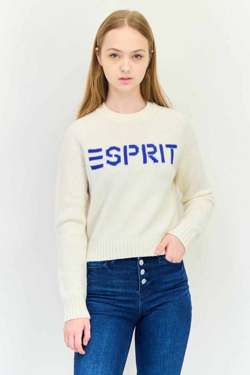 ESPRIT Women Crew Neck Brand Logo Sweater, Ivory  - Image 1