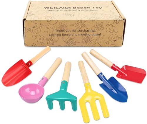 WEILAIDI Beach Toys 6 Pcs Children Beach Sand Toys 8 Kids Gardening Set Metal Garden Tools with Sturdy Wooden HandleSafe Kids Shovel with Cylinder Spoon Fork Rake Flat Shovel Pointed Shovel - Image 1