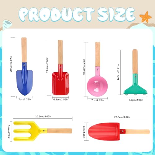 WEILAIDI Beach Toys 6 Pcs Children Beach Sand Toys 8 Kids Gardening Set Metal Garden Tools with Sturdy Wooden HandleSafe Kids Shovel with Cylinder Spoon Fork Rake Flat Shovel Pointed Shovel - Image 5
