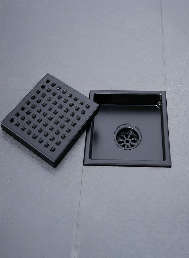 SEABEFORE Square Shower Drain 6", SUS 304 Stainless Steel Floor Drain with Grid Drain Cover & Hair Strainer, Matte Black - Image 1