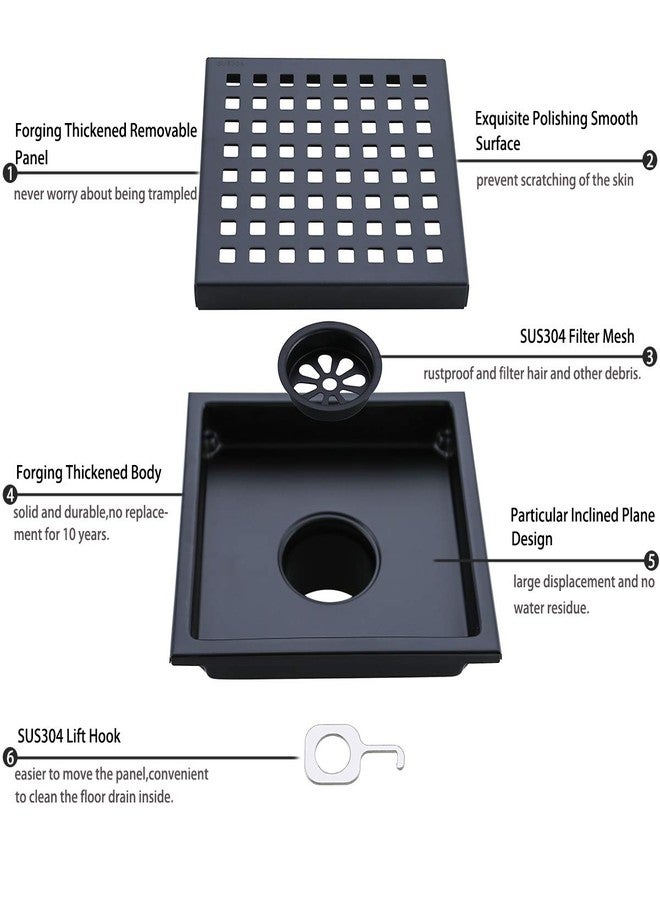 SEABEFORE Square Shower Drain 6", SUS 304 Stainless Steel Floor Drain with Grid Drain Cover & Hair Strainer, Matte Black - Image 5