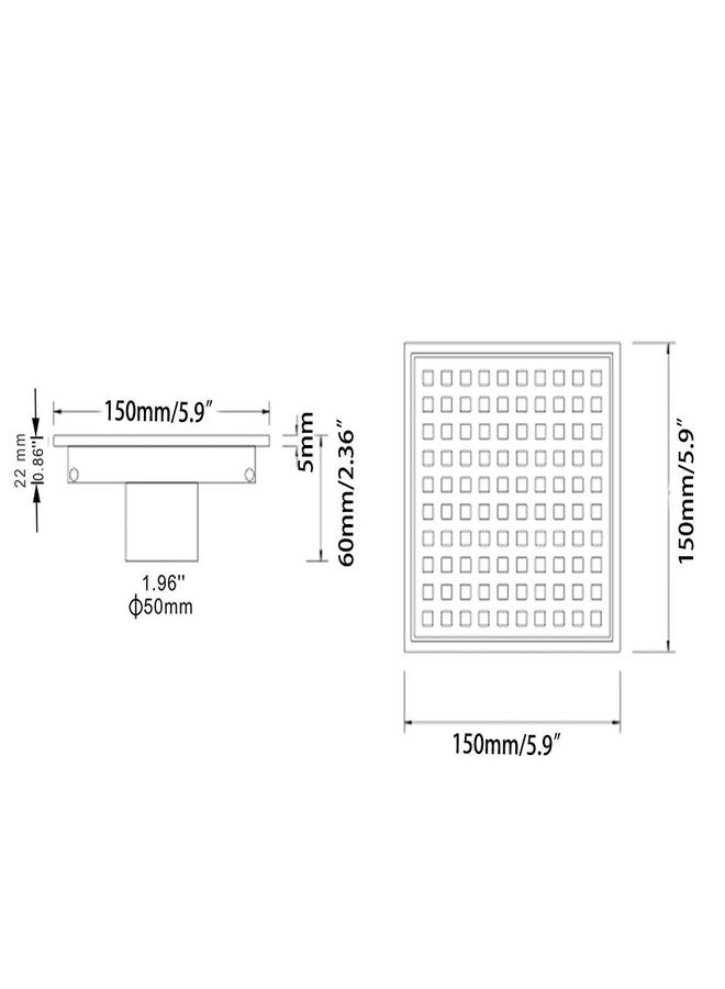 SEABEFORE Square Shower Drain 6", SUS 304 Stainless Steel Floor Drain with Grid Drain Cover & Hair Strainer, Matte Black - Image 2