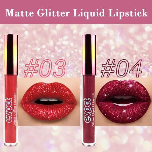 evpct 2Pcs Red Glitter Metallic Shimmer Diamond Lipstick Lip Gloss Stain Set for Women Long Lasting Waterproof, Dark Hot Bright Red Sparkle Glitter Matte long wear Liquid Lipstick Lip Makeup Kit - Image 3