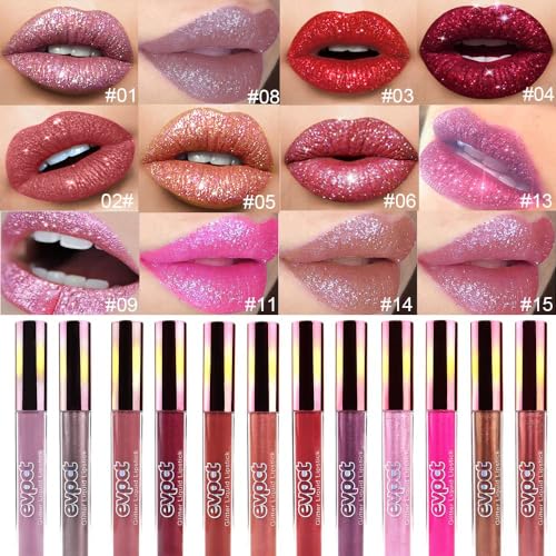 evpct 2Pcs Red Glitter Metallic Shimmer Diamond Lipstick Lip Gloss Stain Set for Women Long Lasting Waterproof, Dark Hot Bright Red Sparkle Glitter Matte long wear Liquid Lipstick Lip Makeup Kit - Image 2
