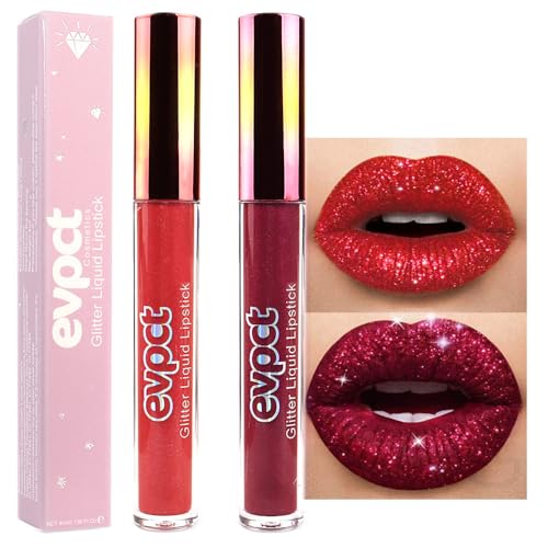 evpct 2Pcs Red Glitter Metallic Shimmer Diamond Lipstick Lip Gloss Stain Set for Women Long Lasting Waterproof, Dark Hot Bright Red Sparkle Glitter Matte long wear Liquid Lipstick Lip Makeup Kit - Image 1