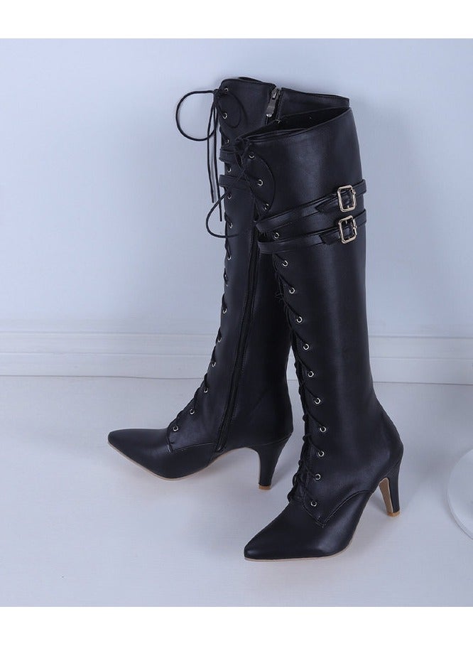 NIBEMINENT Women's Block Heeled Knee High Boots, Fashion Lace Up Side Zipper Boots, Stylish Point Toe Faux Leather Boots  - Image 5
