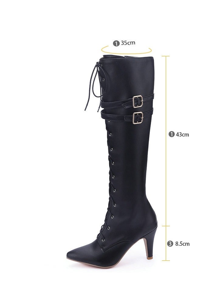 NIBEMINENT Women's Block Heeled Knee High Boots, Fashion Lace Up Side Zipper Boots, Stylish Point Toe Faux Leather Boots  - Image 1