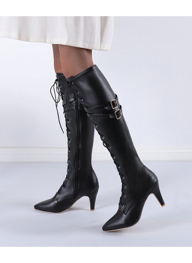 NIBEMINENT Women's Block Heeled Knee High Boots, Fashion Lace Up Side Zipper Boots, Stylish Point Toe Faux Leather Boots  - Image 4